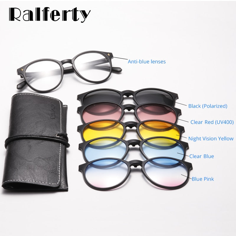 Ralferty Unisex Full Rim Round Polycarbonate Eyeglasses Clip On Sunglasses 2231 With Clip Ons Ralferty