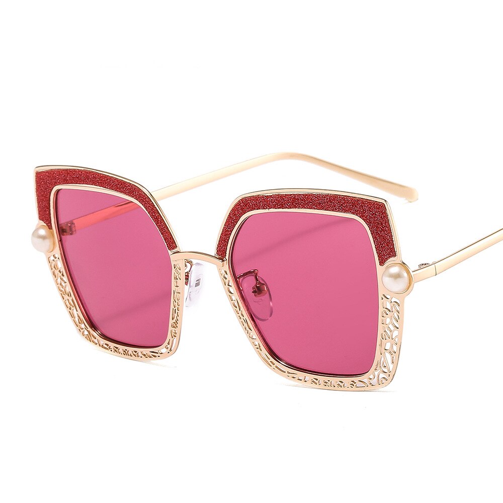 CCspace Women's Full Rim Square Cat Eye Hollow Pearl Alloy Frame Sunglasses 46548 Sunglasses CCspace Sunglasses C3Gold-Red