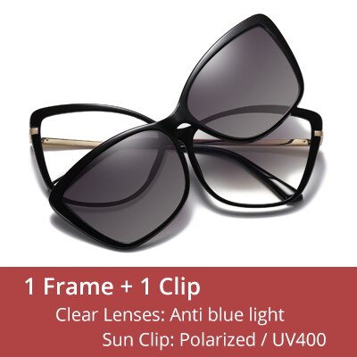 Ralferty Women's Full Rim Square Cat Eye Acetate Eyeglasses With Clip On Sunglasses D95335 With Clip Ons Ralferty C1 Black