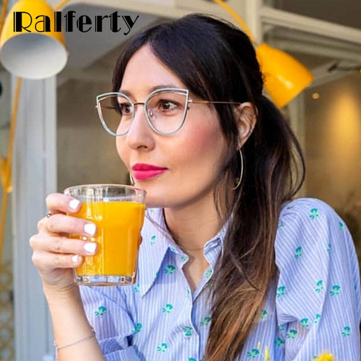 Ralferty Metallic Eyeglass Frame Women Computer Anti Blue Light Glasses Full Rim Ralferty