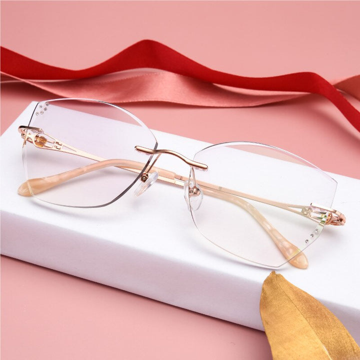 Reven Jate Women's Eyeglasses Alloy Rimless Diamond Cutting 98101 Rimless Reven Jate