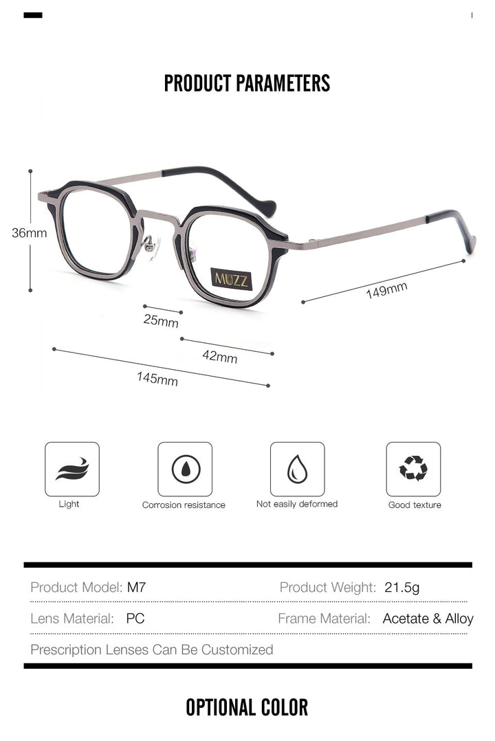 Muzz Men's Full Rim Square Round Acetate Alloy Frame Eyeglasses M7 Full Rim Muzz