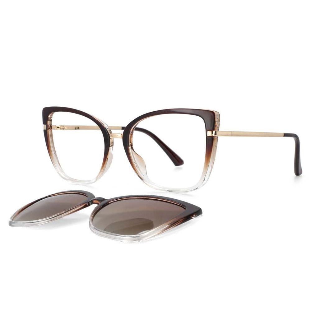 CCspace Unisex Full Rim Cat Eye Tr 90 Titanium Frame Eyeglasses Clip On Sunglasses 53752 With Clip Ons CCspace tea-clear