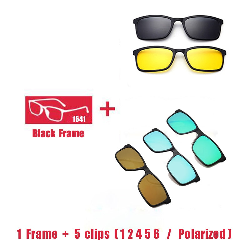 Oveliness Unisex Full Rim Square Tr 90 Titanium Eyeglasses Polarized Clip On Sunglasses 1641 With Clip Ons Oveliness 1F 5 clips 1 2 4 5 6