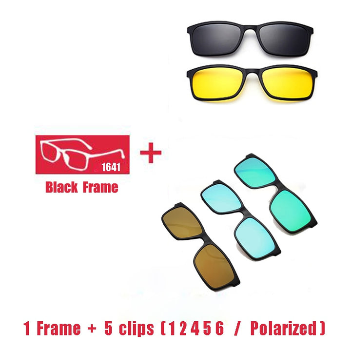 Oveliness Unisex Full Rim Square Tr 90 Titanium Eyeglasses Polarized Clip On Sunglasses 1641 With Clip Ons Oveliness 1F 5 clips 1 2 4 5 6