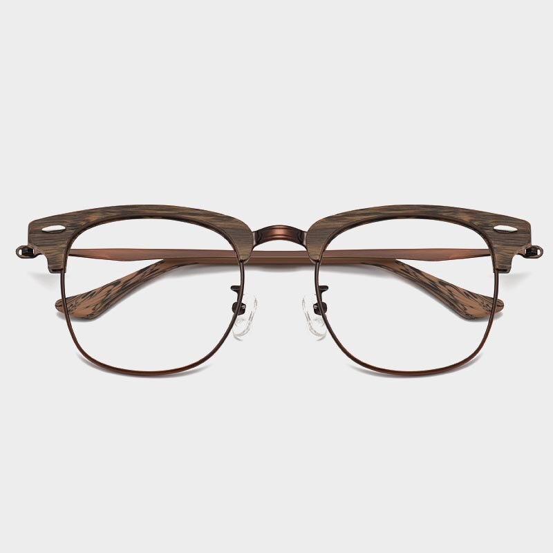 Hdcrafter Men's Full Rim Round Wood Alloy Frame Eyeglasses 8057 Full Rim Hdcrafter Eyeglasses