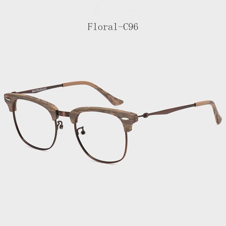Hdcrafter Men's Full Rim Round Wood Alloy Frame Eyeglasses 8057 Full Rim Hdcrafter Eyeglasses Floral-C96  