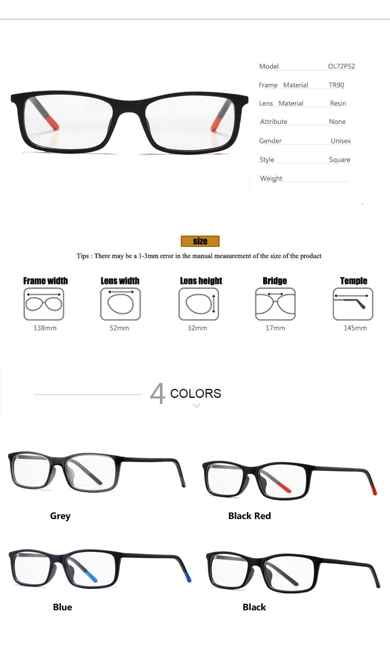 Oveliness Unisex Full Rim Square Tr 90 Titanium Eyeglasses 7252 Full Rim Oveliness