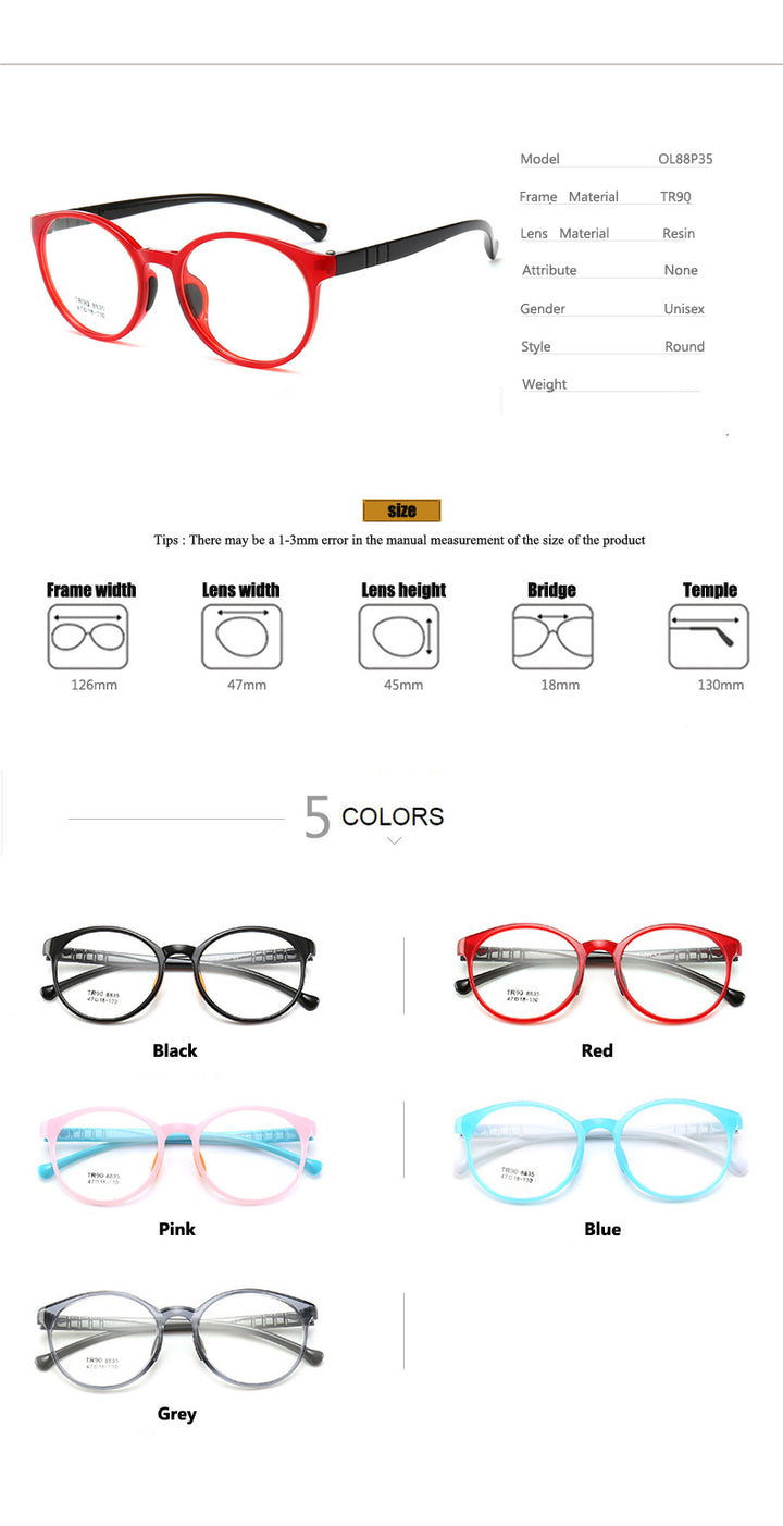 Oveliness Children's Unisex Full Rim Round Tr90 Titanium Eyeglasses 8835 Full Rim Oveliness
