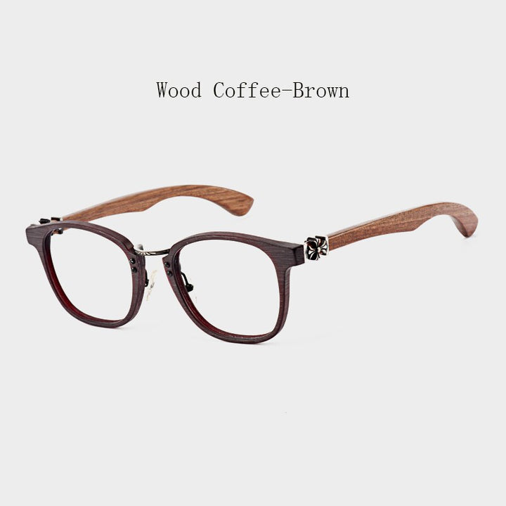 Hdcrafter Unisex Full Rim Round Wood Temple Eyeglasses 7473d Full Rim Hdcrafter Eyeglasses Wood Coffee-Brown