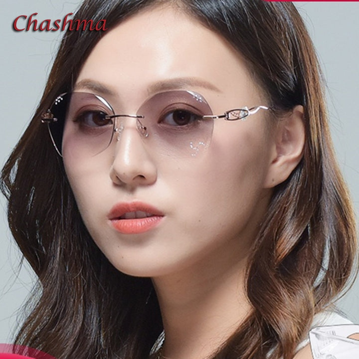 Chashma Ochki Women's Rimless Round Titanium Eyeglasses Gradient Tinted Demo Diamond Cut Lenses 007 Rimless Chashma Ochki