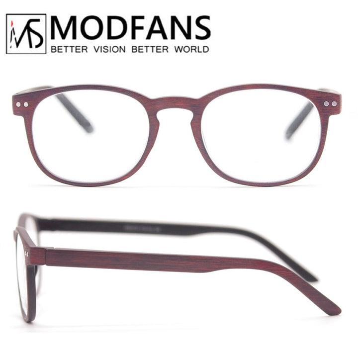Modfans Unisex Full Rim Round Polycarbonate Reading Glasses R062 Reading Glasses Modfans Wooden Bur C3 +100