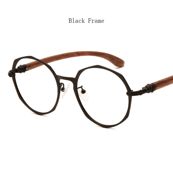 Hdcrafter Unisex Full Rim Round Acetate Alloy Frame Wood Temple Eyeglasses 7578d Full Rim Hdcrafter Eyeglasses Black Frame