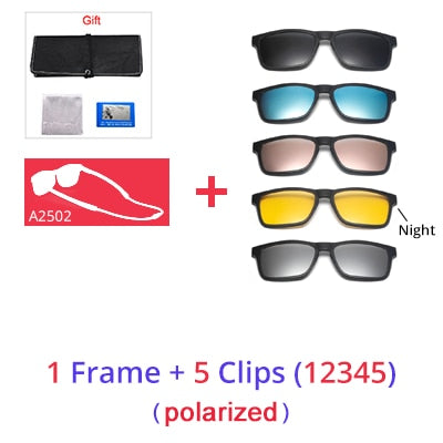 Ralferty Unisex Square Eyeglasses With Clip On Sunglasses With Clip Ons Ralferty 1Frame 5 Clips 12345 Full black frame