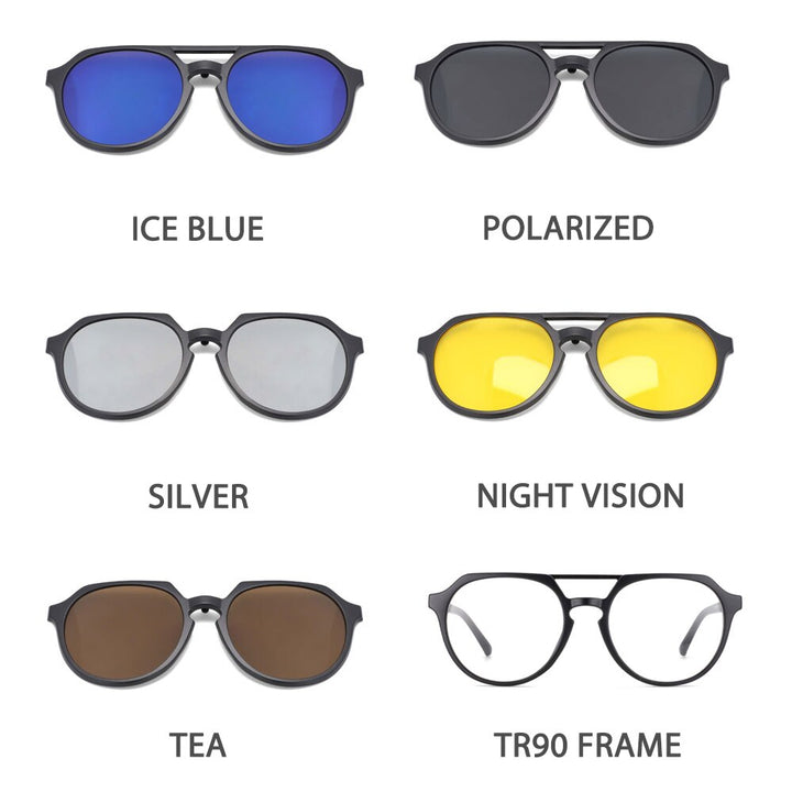 CCspace Unisex Full Rim Round Tr 90 Titanium Frame Eyeglasses Clip On 5 Piece Lens Sunglasses 53882 With Clip Ons CCspace