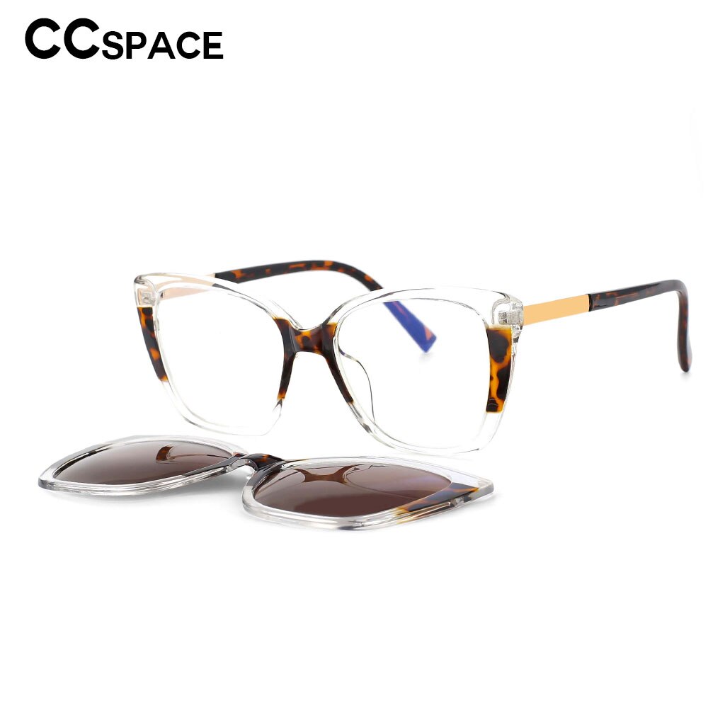 CCspace Unisex Full Rim Square Cat Eye Tr 90 Titanium Eyeglasses Clip On Sunglasses 53547 With Clip Ons CCspace
