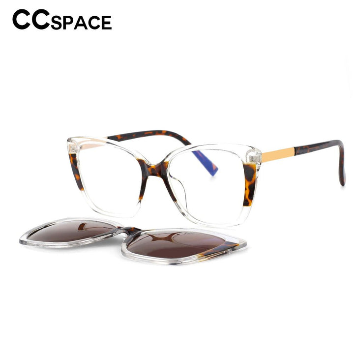 CCspace Unisex Full Rim Square Cat Eye Tr 90 Titanium Eyeglasses Clip On Sunglasses 53547 With Clip Ons CCspace