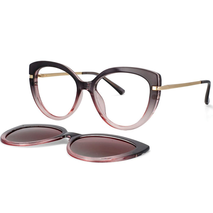 CCspace Unisex Full Rim Cat Eye Tr 90 Titanium Frame Eyeglasses Clip On Sunglasses 53673 With Clip Ons CCspace Pink