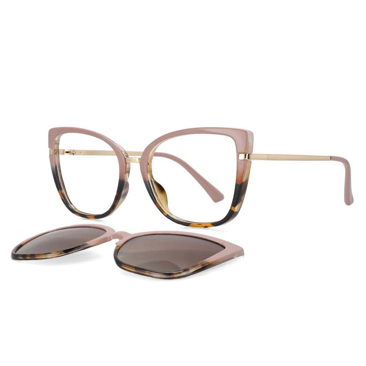 CCspace Unisex Full Rim Cat Eye Tr 90 Titanium Frame Eyeglasses Clip On Sunglasses 53752 With Clip Ons CCspace pink-leopard