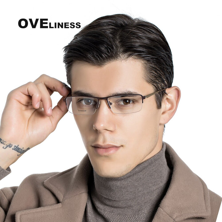 Oveliness Men's Semi Rim Square Screwless Titanium Alloy Eyeglasses Semi Rim Oveliness