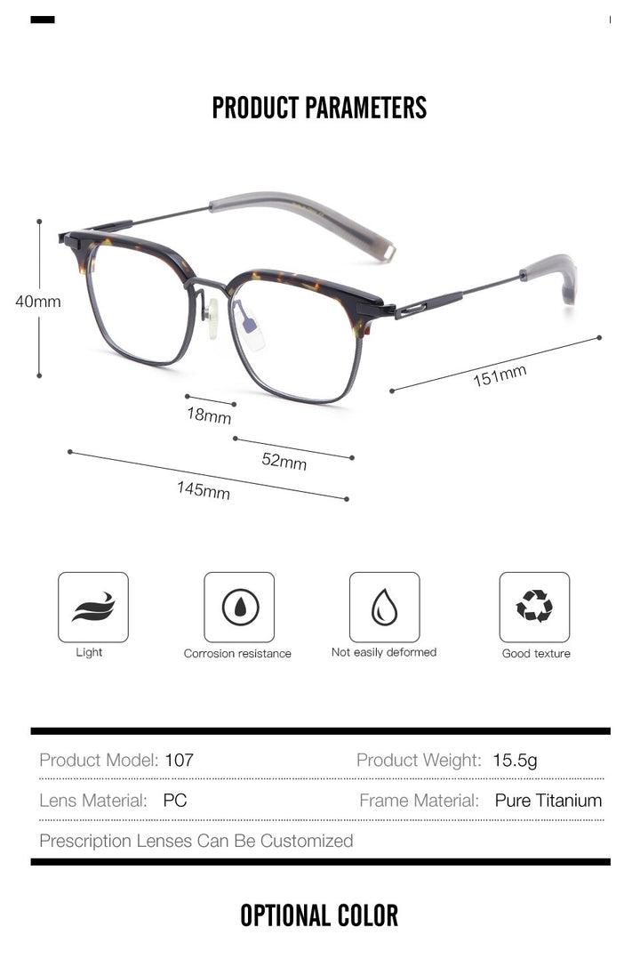 Muzz Men's Full Rim Square Titanium Acetate Frame Eyeglasses 107 Full Rim Muzz