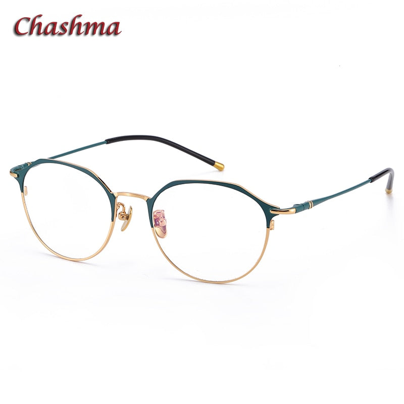 Chashma Ochki Unisex Full Rim Irregular Round Titanium Eyeglasses 6105 Full Rim Chashma Ochki Green Gold