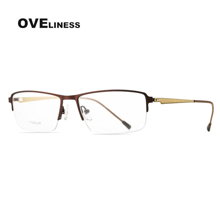 Oveliness Men's Semi Rim Square Screwless Titanium Alloy Eyeglasses Semi Rim Oveliness coffee