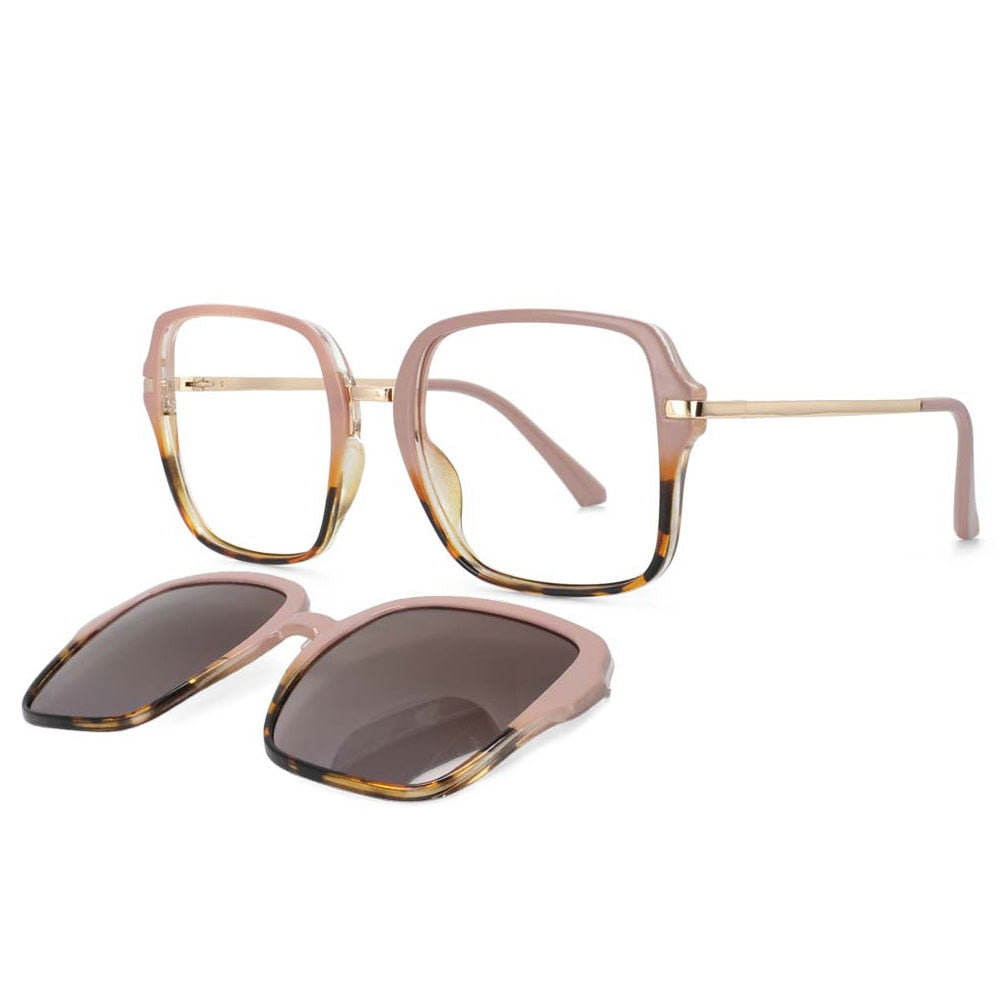 CCspace Unisex Full Rim Square Tr 90 Frame Eyeglasses Clip On Sunglasses 53661 With Clip Ons CCspace pink-leopard