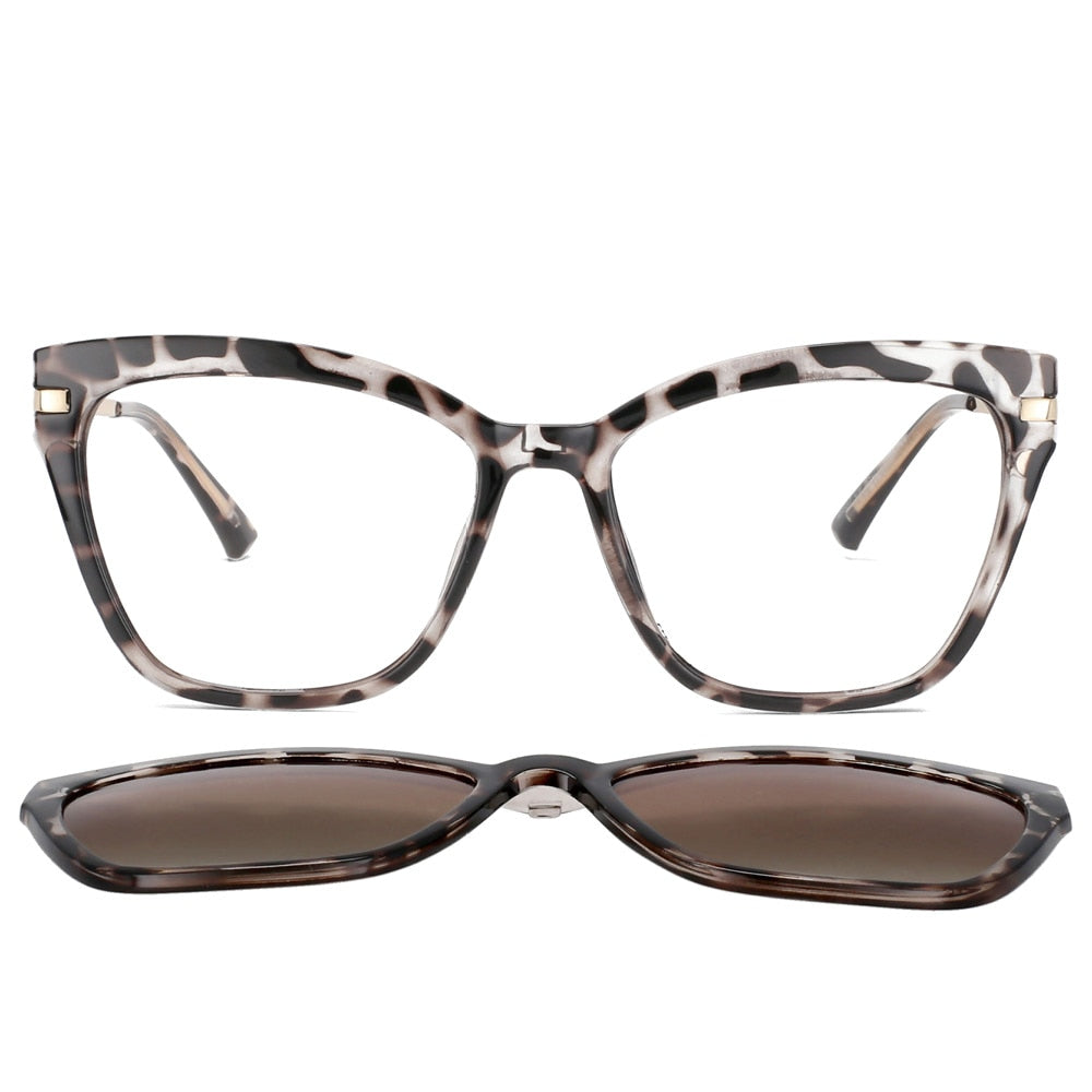 CCspace Unisex Full Rim Square Cat Eye Tr 90 Titanium Eyeglasses Clip On Sunglasses 53684 With Clip Ons CCspace Leopard