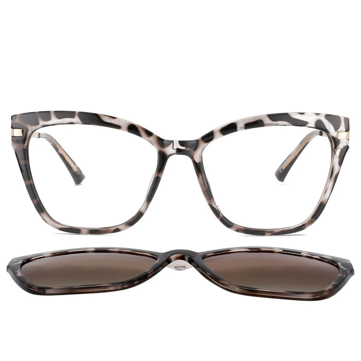 CCspace Unisex Full Rim Square Cat Eye Tr 90 Titanium Eyeglasses Clip On Sunglasses 53684 With Clip Ons CCspace Leopard