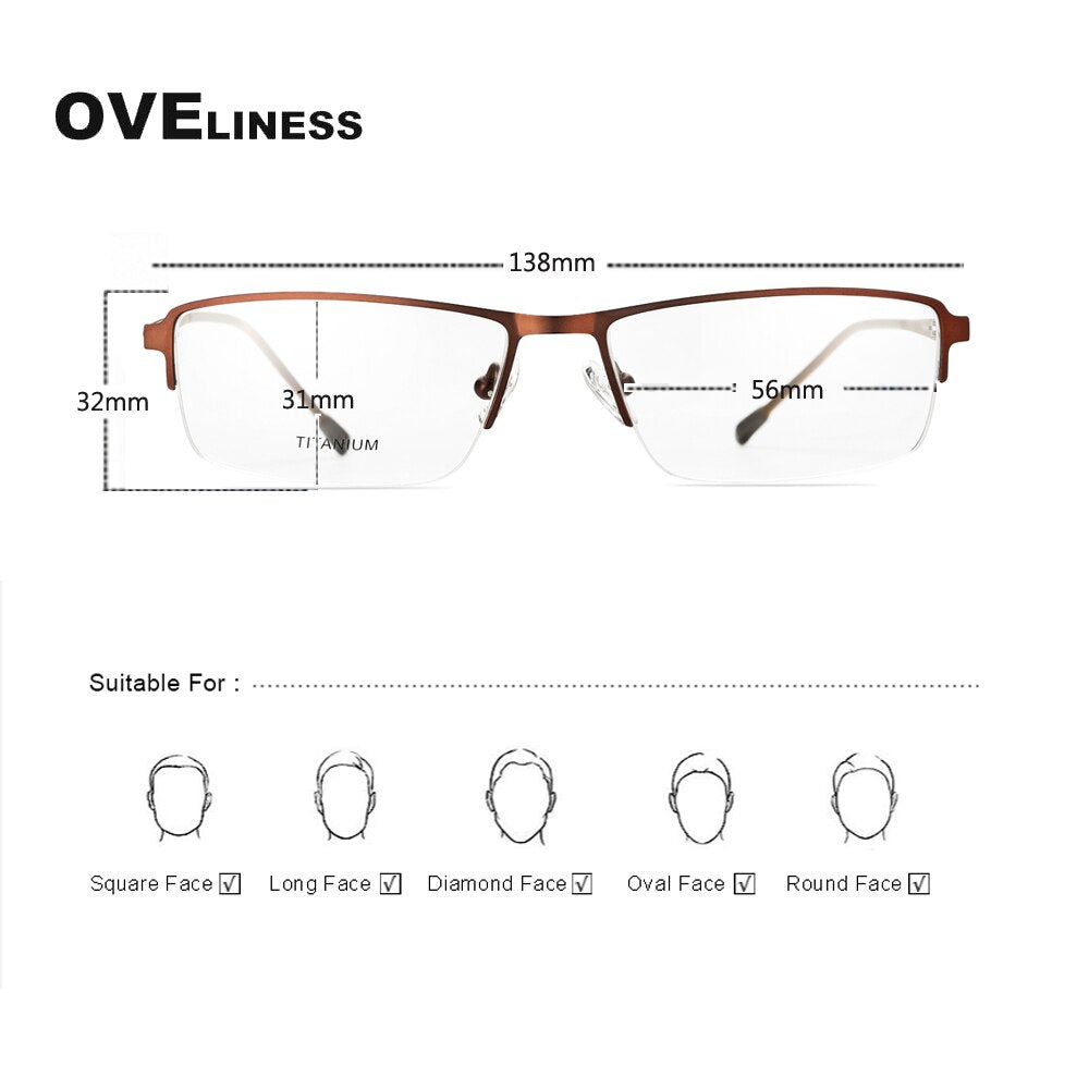 Oveliness Men's Semi Rim Square Screwless Titanium Alloy Eyeglasses Semi Rim Oveliness