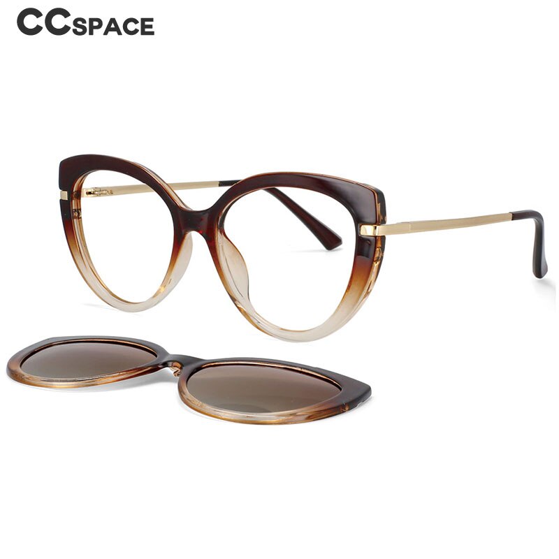 CCspace Unisex Full Rim Cat Eye Tr 90 Titanium Frame Eyeglasses Clip On Sunglasses 53673 With Clip Ons CCspace