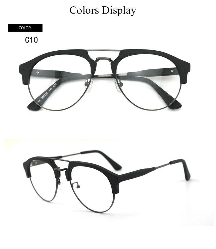 Hdcrafter Men's Full Rim Round Double Bridge Wood Metal Frame Eyeglasses 15144 Full Rim Hdcrafter Eyeglasses