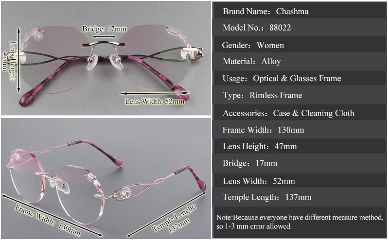 Chashma Women's Rimless Round Titanium Alloy Diamond Cut Frame Eyeglasses A88022 Rimless Chashma