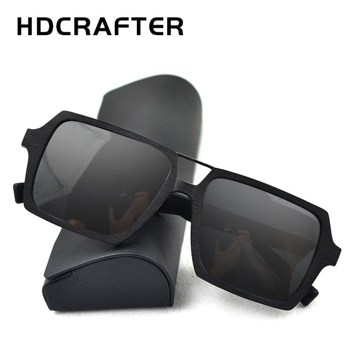 Hdcrafter Men's Full Rim Double Bridge Square Frame Polarized Wood Sunglasses Pd90161 Sunglasses HdCrafter Sunglasses   