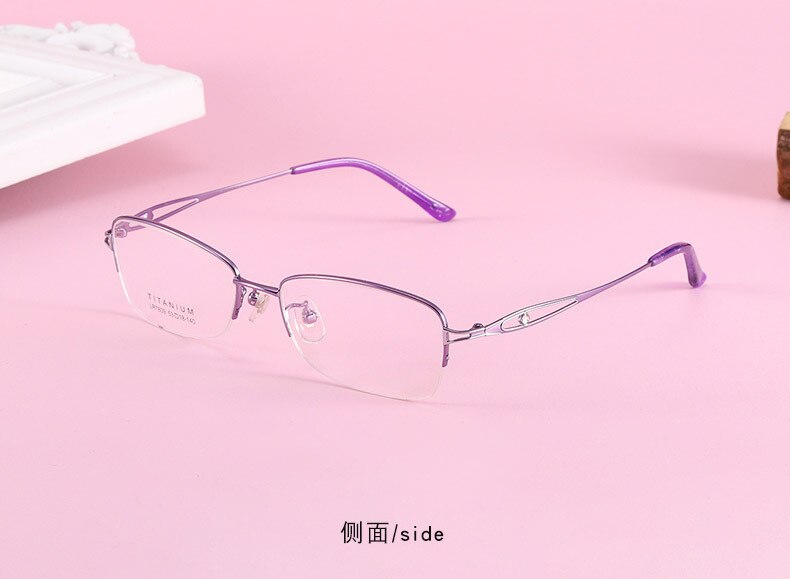 Women's Oval Hollow Titanium Semi Rim Eyeglasses Lr7809 Semi Rim Bclear purple silver