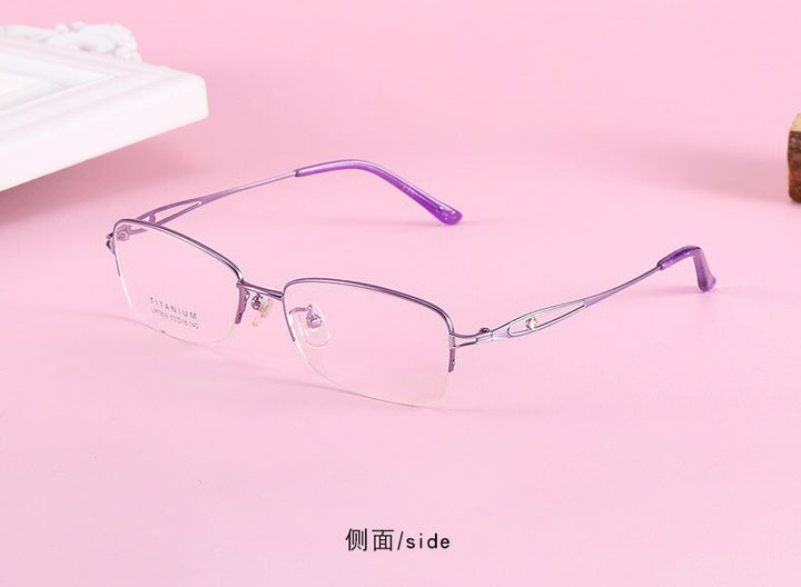 Women's Oval Hollow Titanium Semi Rim Eyeglasses Lr7809 Semi Rim Bclear purple silver