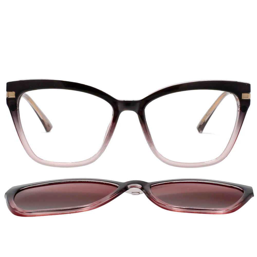 CCspace Unisex Full Rim Square Cat Eye Tr 90 Titanium Eyeglasses Clip On Sunglasses 53684 With Clip Ons CCspace Pink
