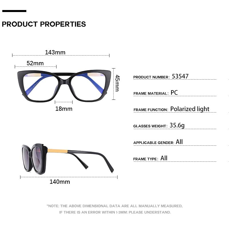 CCspace Unisex Full Rim Square Cat Eye Tr 90 Titanium Eyeglasses Clip On Sunglasses 53547 With Clip Ons CCspace