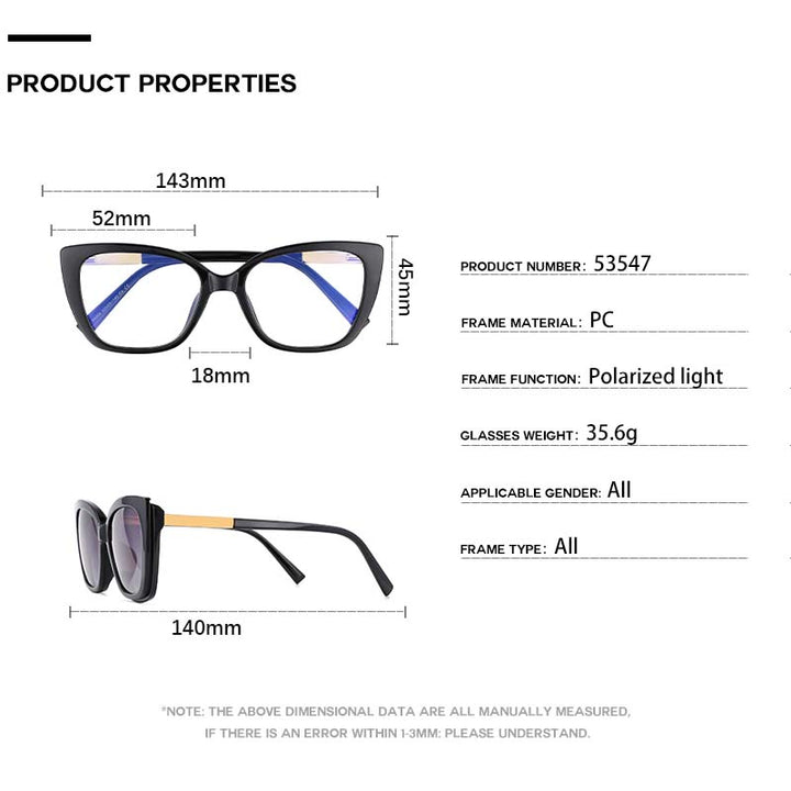 CCspace Unisex Full Rim Square Cat Eye Tr 90 Titanium Eyeglasses Clip On Sunglasses 53547 With Clip Ons CCspace