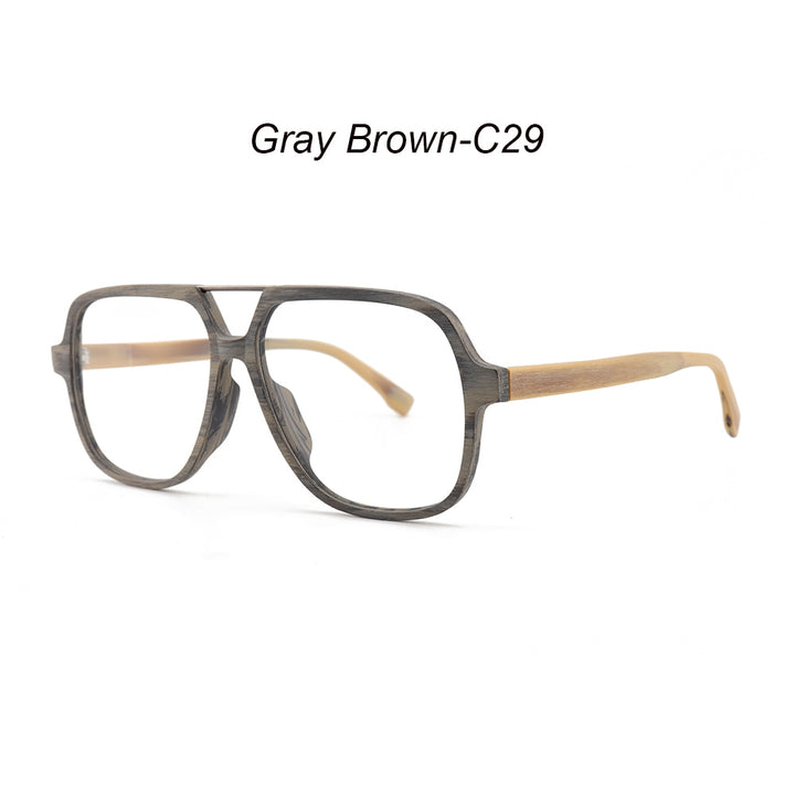 Hdcrafter Unisex Full Rim Polygonal Double Bridge Wood Metal Frame Eyeglasses 6018 Full Rim Hdcrafter Eyeglasses Gray Brown-C29  