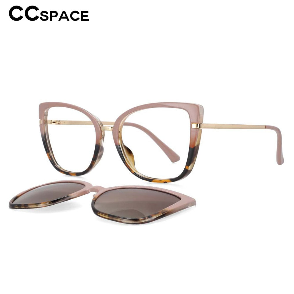 CCspace Unisex Full Rim Cat Eye Tr 90 Titanium Frame Eyeglasses Clip On Sunglasses 53752 With Clip Ons CCspace