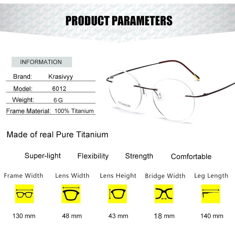 Krasivyy Unisex Rimless Round Titanium Eyeglasses Kr6012 Rimless Krasivyy