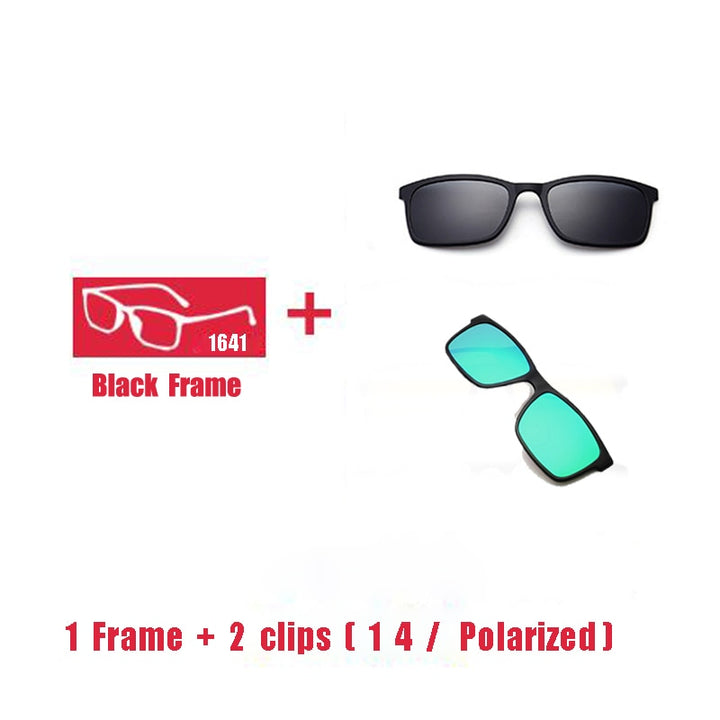 Oveliness Unisex Full Rim Square Tr 90 Titanium Eyeglasses Polarized Clip On Sunglasses 1641 With Clip Ons Oveliness 1F 2 clips 1 4
