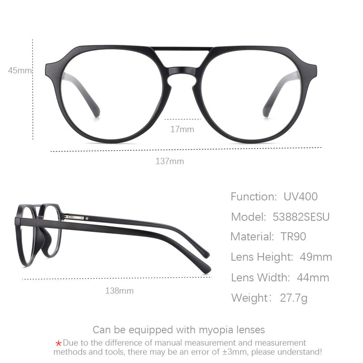 CCspace Unisex Full Rim Round Tr 90 Titanium Frame Eyeglasses Clip On 5 Piece Lens Sunglasses 53882 With Clip Ons CCspace