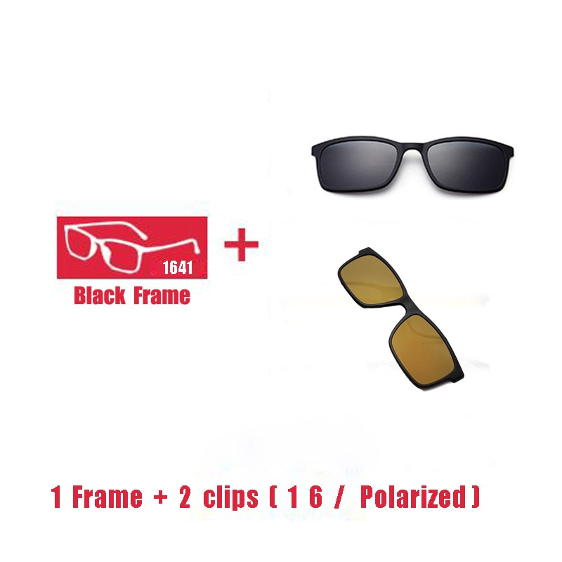 Oveliness Unisex Full Rim Square Tr 90 Titanium Eyeglasses Polarized Clip On Sunglasses 1641 With Clip Ons Oveliness 1F 2 clips 1 6