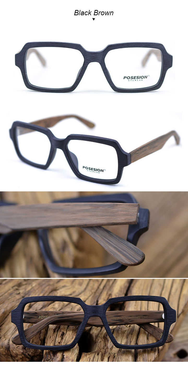 Hdcrafter Unisex Full Rim Oversized Square Wood Frame Eyeglasses Ps9019 Full Rim Hdcrafter Eyeglasses