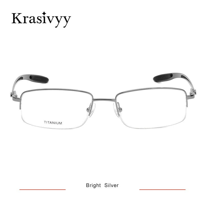 Krasivyy Men's Semi Rim Rectangle Square Carbon Fiber Titanium Eyeglasses Krb046 Semi Rim Krasivyy Bright Silver  