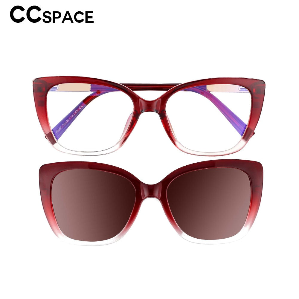CCspace Unisex Full Rim Square Cat Eye Tr 90 Titanium Eyeglasses Clip On Sunglasses 53547 With Clip Ons CCspace
