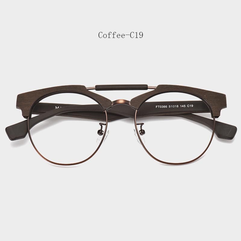 Hdcrafter Unisex Full Rim Round Wood Alloy Double Bridge Frame Eyeglasses Ft0366 Full Rim Hdcrafter Eyeglasses Coffee-C19